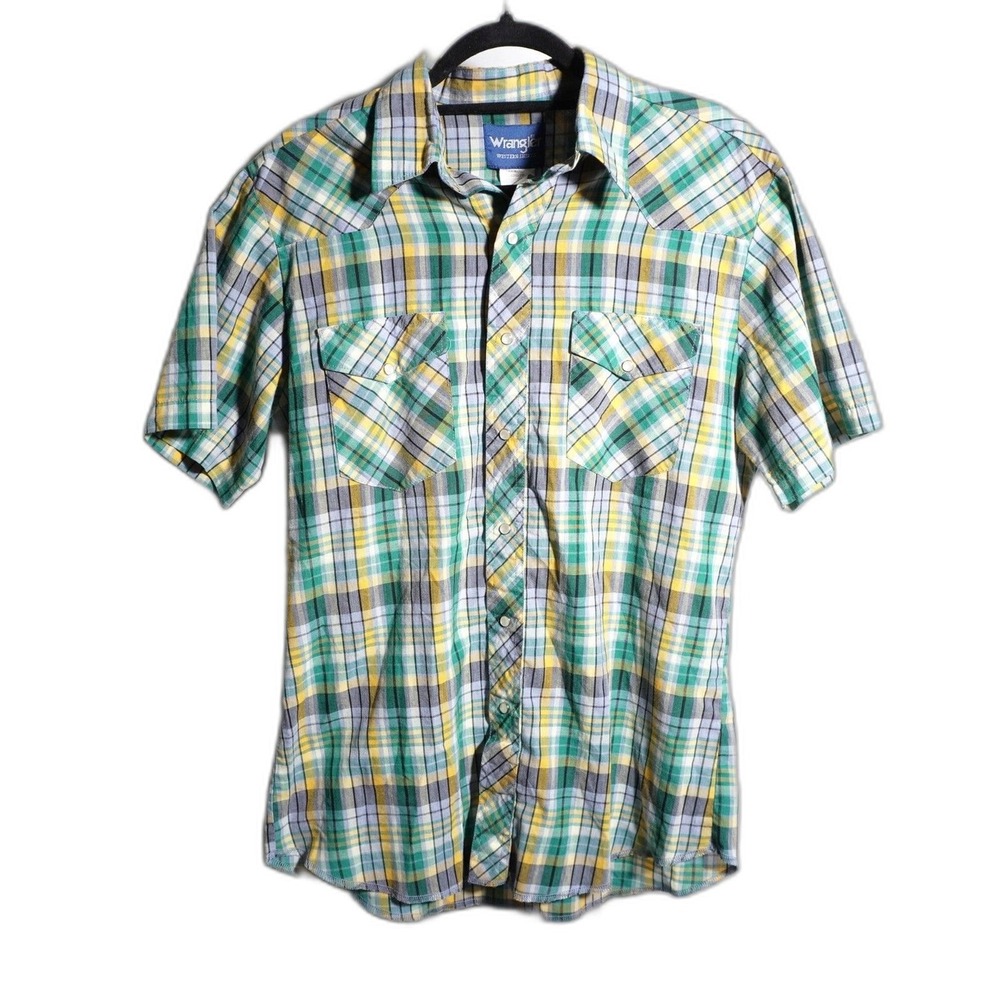 VTG Wrangler Plaid Pearl Snap Short‎ Sleeve Top Green Yellow Men M Western Rodeo